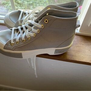 Adidas Gray and Gold Platform Sneakers